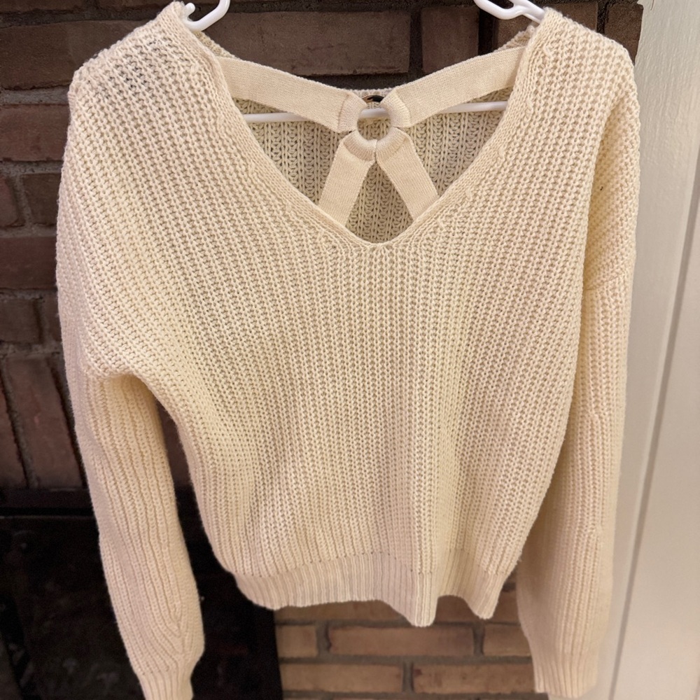 Almost Famous Cream V-Neck Sweater with Bow Detail